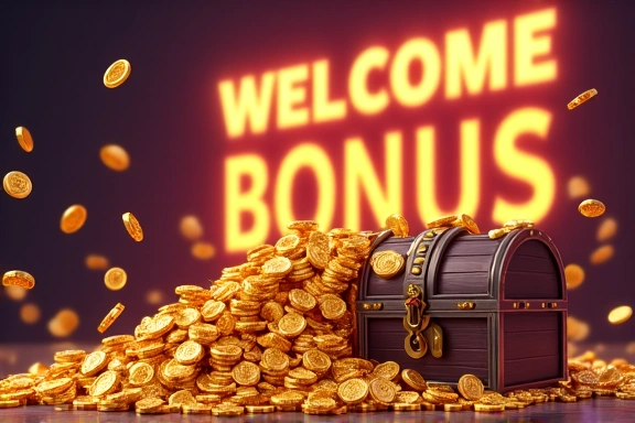 A large pile of golden virtual coins with a 'Welcome Bonus' tag