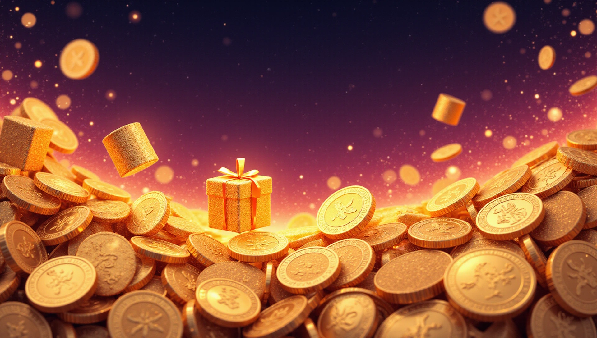 Abstract background with virtual coins, gift boxes, and sparkling effects