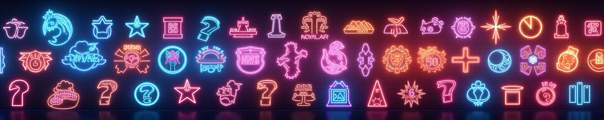 Collage of diverse casino game icons with neon glow