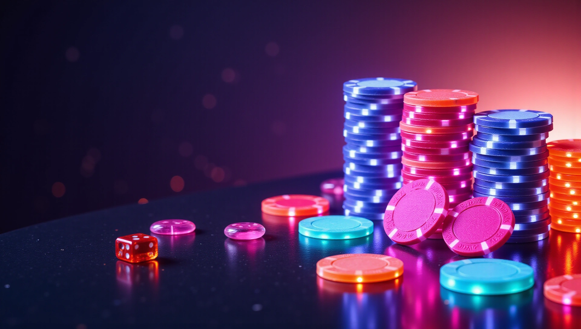Vibrant, dynamic casino banner with neon lights, glowing chips, playing cards, and dice