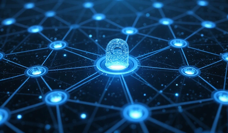 Abstract network showing secure data sharing between connected nodes