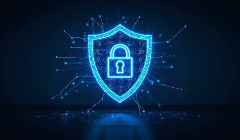 Cybersecurity shield protecting digital data, representing data security