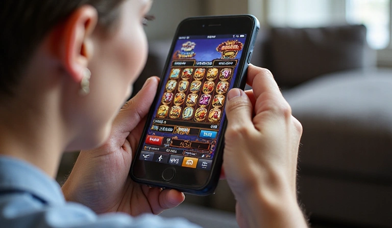 Person playing a slot machine on a mobile device