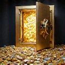 Giant vault overflowing with virtual coins