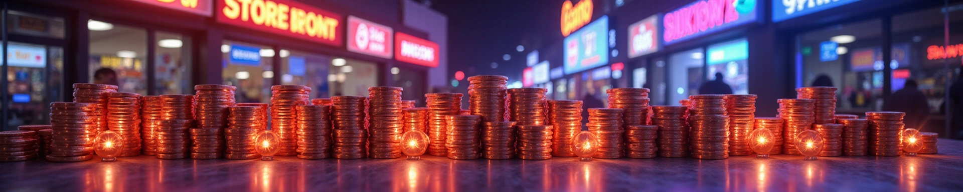 Vibrant banner with stacks of virtual coins and casino chips glowing with neon light.