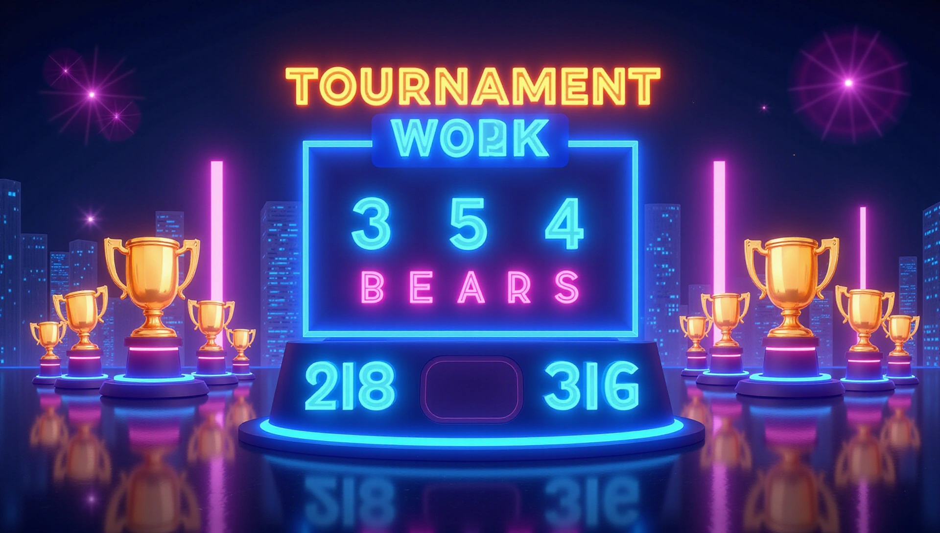 Dynamic tournament banner with glowing trophies and neon lights